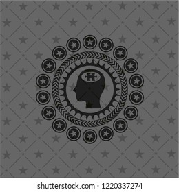 head with jigsaw puzzle piece icon inside dark emblem. Retro
