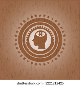 head with jigsaw puzzle piece icon inside wooden emblem