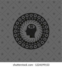 head with jigsaw puzzle piece icon inside retro style black emblem