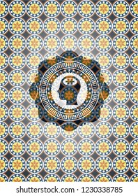 head with jigsaw puzzle piece icon inside arabic style badge. Arabesque decoration.