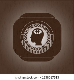 head with jigsaw puzzle piece icon inside wooden emblem. Retro