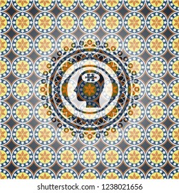 head with jigsaw puzzle piece icon inside arabic badge background. Arabesque decoration.
