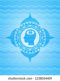 head with jigsaw puzzle piece icon inside sky blue water wave style badge.