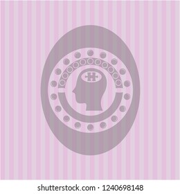 head with jigsaw puzzle piece icon inside pink emblem. Retro