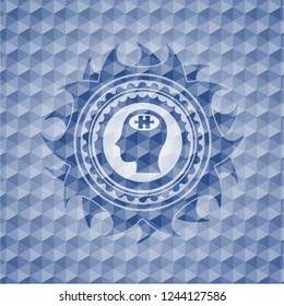 head with jigsaw puzzle piece icon inside blue badge with geometric background.