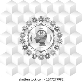 head with jigsaw puzzle piece icon inside realistic grey emblem with geometric cube white background
