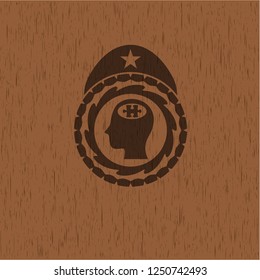head with jigsaw puzzle piece icon inside wood emblem. Retro