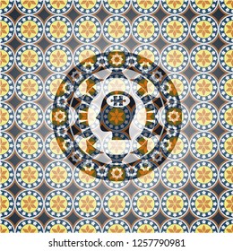 head with jigsaw puzzle piece icon inside arabic style emblem. Arabesque decoration.