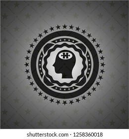 head with jigsaw puzzle piece icon inside realistic black emblem