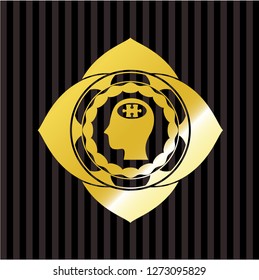 head with jigsaw puzzle piece icon inside golden badge