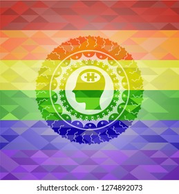 head with jigsaw puzzle piece icon on mosaic background with the colors of the LGBT flag