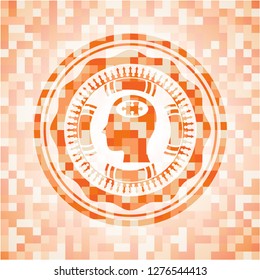 head with jigsaw puzzle piece icon inside abstract emblem, orange mosaic background