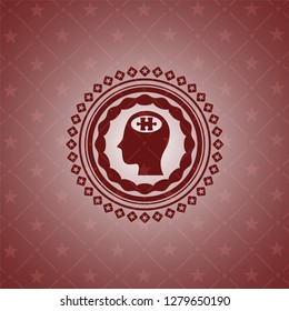 head with jigsaw puzzle piece icon inside retro red emblem