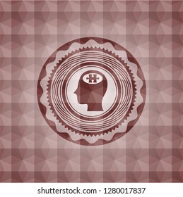 head with jigsaw puzzle piece icon inside red badge with geometric pattern. Seamless.