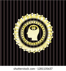 head with jigsaw puzzle piece icon inside gold badge