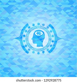 head with jigsaw puzzle piece icon inside realistic light blue emblem. Mosaic background