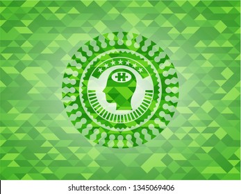 head with jigsaw puzzle piece icon inside green emblem with mosaic ecological style background
