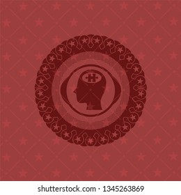 head with jigsaw puzzle piece icon inside retro red emblem