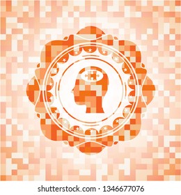 head with jigsaw puzzle piece icon inside abstract orange mosaic emblem