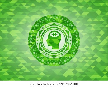 head with jigsaw puzzle piece icon inside realistic green emblem. Mosaic background