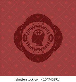head with jigsaw puzzle piece icon inside vintage red emblem