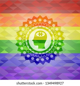 head with jigsaw puzzle piece icon inside emblem on mosaic background with the colors of the LGBT flag