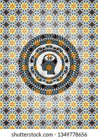 head with jigsaw puzzle piece icon inside arabic emblem background. Arabesque decoration.