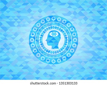 head with jigsaw puzzle piece icon inside sky blue emblem with triangle mosaic background