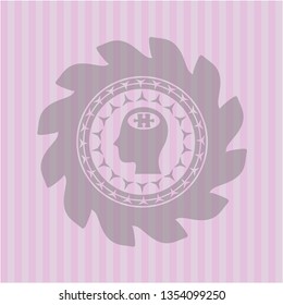 head with jigsaw puzzle piece icon inside pink emblem. Vintage.