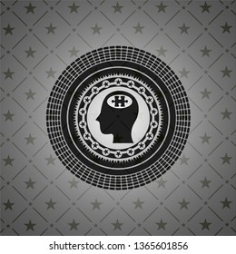 head with jigsaw puzzle piece icon inside realistic black emblem