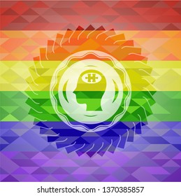 head with jigsaw puzzle piece icon inside emblem on mosaic background with the colors of the LGBT flag