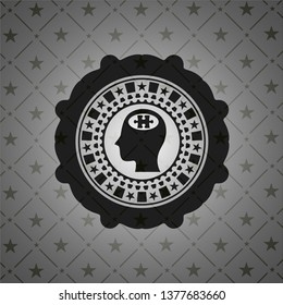head with jigsaw puzzle piece icon inside realistic dark emblem