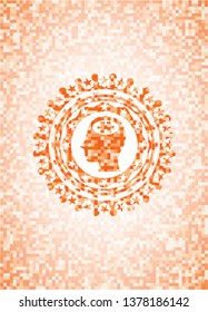 head with jigsaw puzzle piece icon inside orange tile background illustration. Square geometric mosaic seamless pattern with emblem inside.