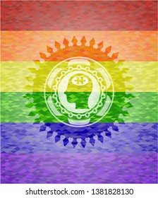 head with jigsaw puzzle piece icon on mosaic background with the colors of the LGBT flag