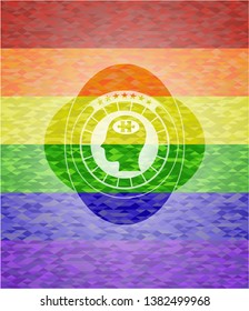 head with jigsaw puzzle piece icon on mosaic background with the colors of the LGBT flag