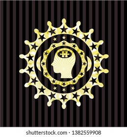 head with jigsaw puzzle piece icon inside golden emblem or badge