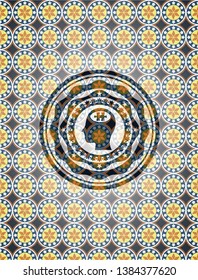 head with jigsaw puzzle piece icon inside arabic badge background. Arabesque decoration.