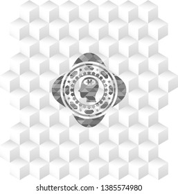 head with jigsaw puzzle piece icon inside realistic grey emblem with geometric cube white background