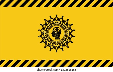 head with jigsaw puzzle piece icon grunge black emblem with yellow background, warning sign. Vector Illustration. Detailed.