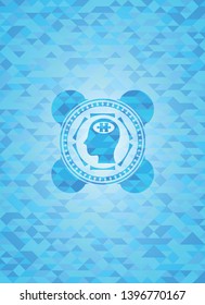 head with jigsaw puzzle piece icon inside light blue emblem with triangle mosaic background