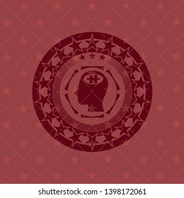 head with jigsaw puzzle piece icon inside retro red emblem