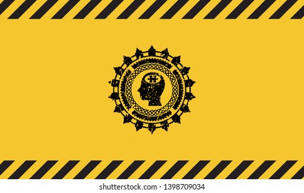 head with jigsaw puzzle piece icon black grunge emblem inside yellow warning sign. Vector Illustration. Detailed.