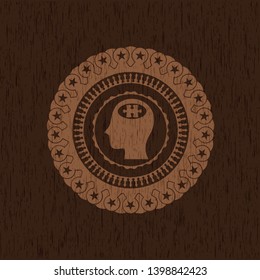 head with jigsaw puzzle piece icon inside wood emblem. Vintage.