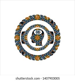 head with jigsaw puzzle piece icon inside arabesque style emblem. arabic decoration.