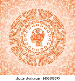 head with jigsaw puzzle piece icon inside abstract emblem, orange mosaic background