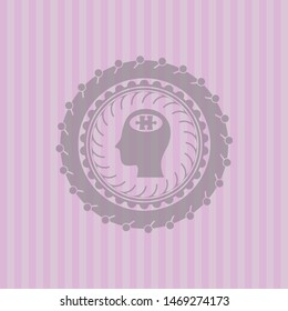 head with jigsaw puzzle piece icon inside realistic pink emblem