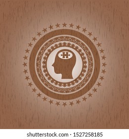 head with jigsaw puzzle piece icon inside retro wooden emblem