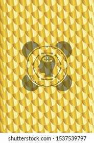 head with jigsaw puzzle piece icon inside golden emblem or badge. Scales pattern. Vector Illustration. Detailed.