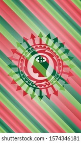 head with jigsaw puzzle piece icon inside christmas colors badge.