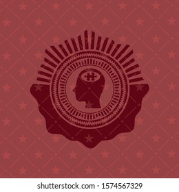 head with jigsaw puzzle piece icon inside badge with red background